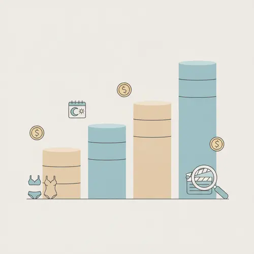 Ilustração de quatro níveis de orçamento crescentes com ícones de marketing e swimwear representando diferentes níveis de gastos mensais em marketing.