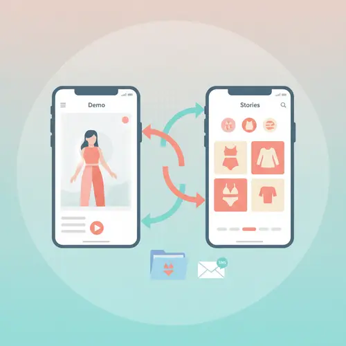 Ilustração de duas telas de telefone conectadas mostrando conteúdo fluindo entre TikTok e Instagram com ativos compartilhados e ícones de mensagens.