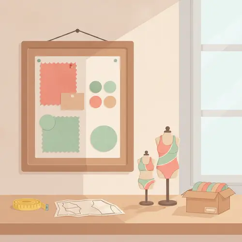 Ilustração de um fluxo de trabalho de desenvolvimento de swimwear, desde mood board e amostras de tecido até amostras acabadas e peças embaladas.