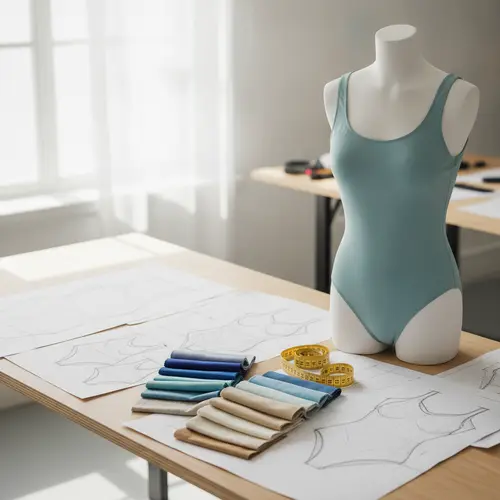 Mesa de estudio de diseño de trajes de baño con bocetos, muestras de tela, cinta métrica y un maniquí.