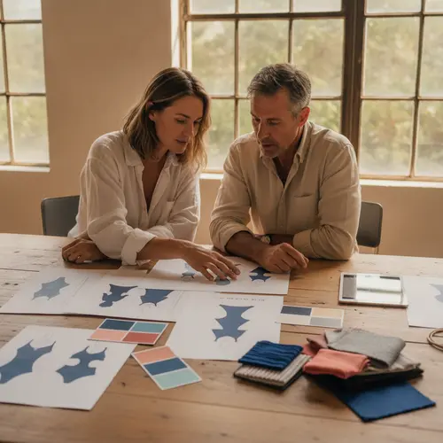 Diseñador y fabricante revisando un resumen de colección de trajes de baño con bocetos y muestras.