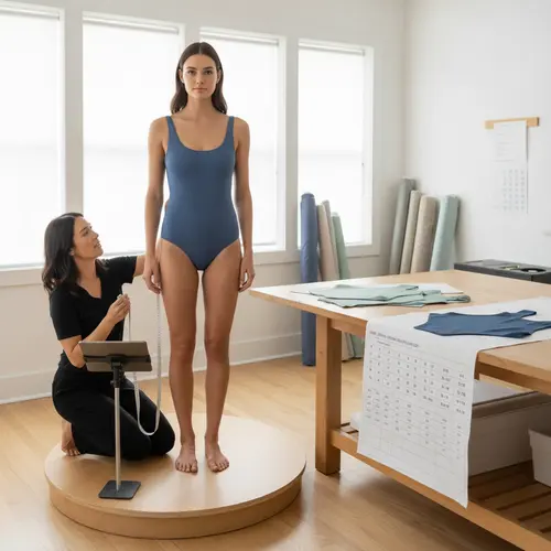 Modelo de ajuste en un traje de baño liso durante una sesión de ajuste profesional con un diseñador.