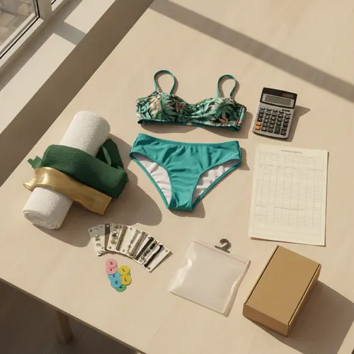 Vista aérea de muestras de trajes de baño, rollos de tela y documentos de costos para la planificación del MOQ.
