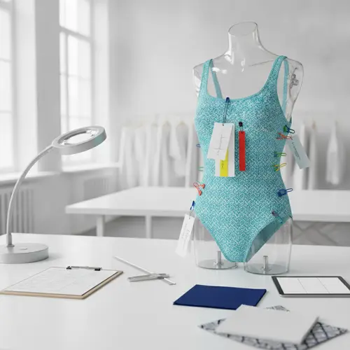 Muestra de traje de baño de preproducción con etiquetas de aprobación y herramientas de inspección de calidad.