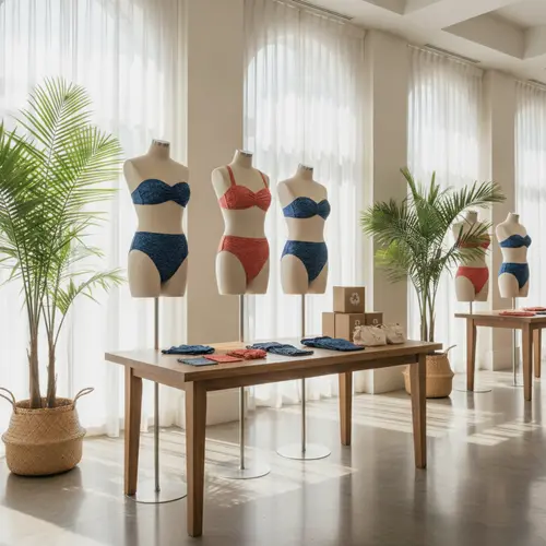 Colección de trajes de baño personalizados terminada expuesta en una sala de exposición luminosa.